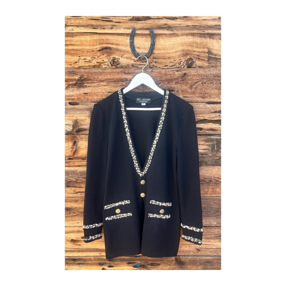 ST. JOHN | Collection Marie Gray Women's 8 Black Gold Santana Knit Cardigan